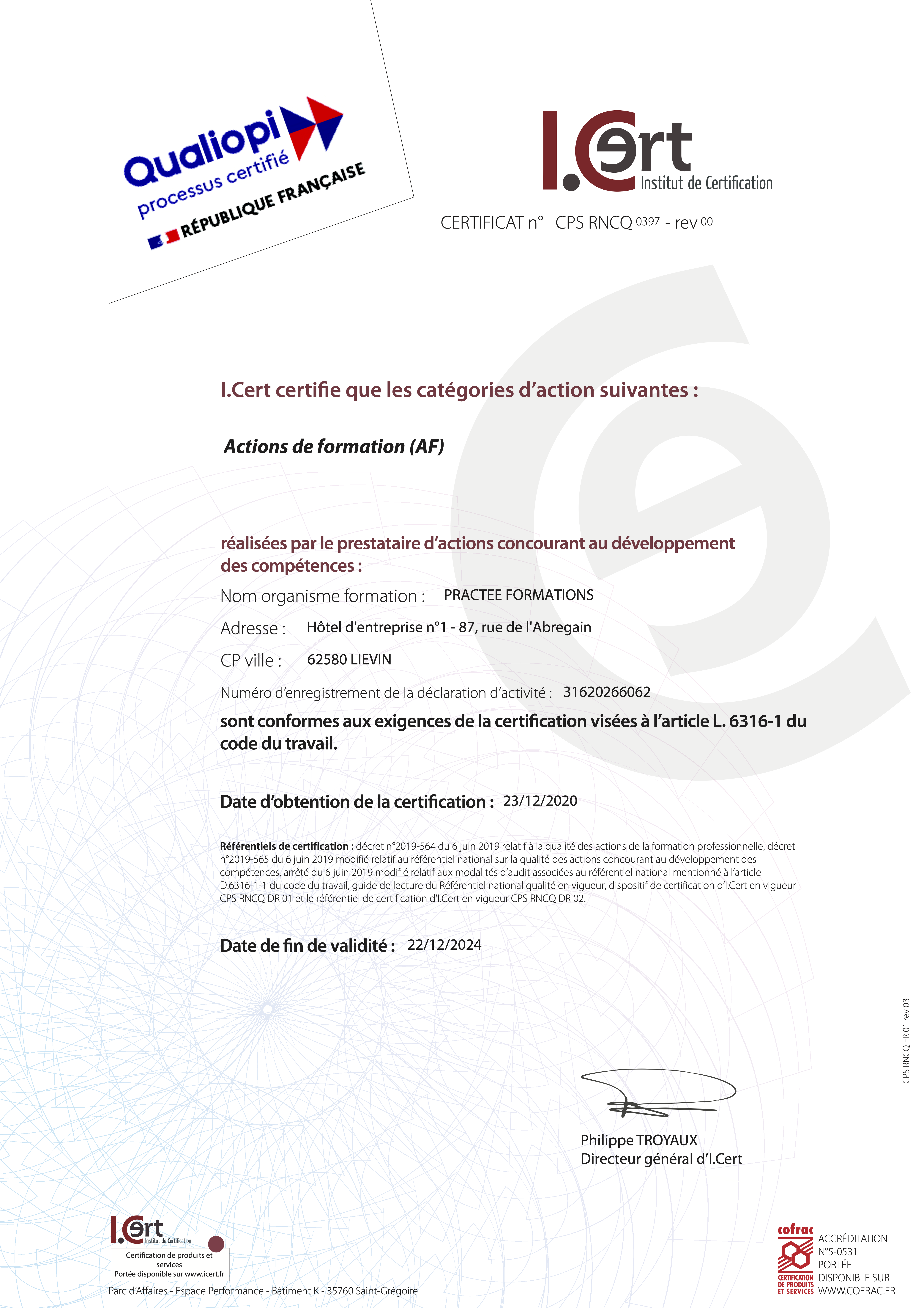 PRACTEEFORMATIONS Certificat